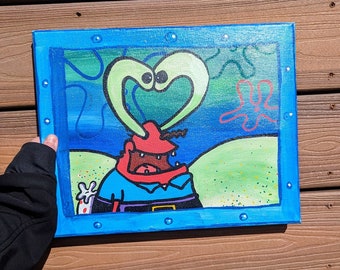 Krabs in Love Painting, Abstract Wall Art, Mr. Krabs Canvas Painting, SpongeBob, Bikini Bottom Canvas Painting, Handpainted Acrylic