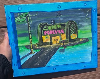 Graveyard Shift Painting, Abstract Wall Art, Krusty Krab Canvas Painting, SpongeBob, Bikini Bottom Canvas Painting, Handpainted Acrylic