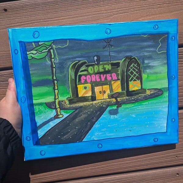 Graveyard Shift Painting, Abstract Wall Art, Krusty Krab Canvas Painting, SpongeBob, Bikini Bottom Canvas Painting, Handpainted Acrylic