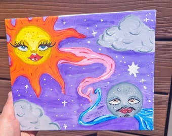 Sun and Moon Painting, Abstract Wall Art, Witchy Canvas Painting, Sun, Moon Canvas Painting, Handpainted Acrylic