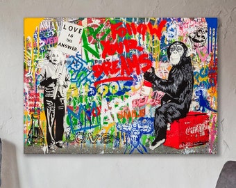 Banksy Monkey Follow Your Dreams und Einstein Pop Art Ölgemälde oder Leinwanddruck, Street Graffiti Monkey Leinwand-Wandkunst