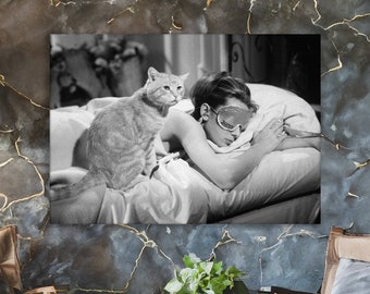 Audrey Hepburn Breakfast at Tiffany's Sleeping with Cat Art mural sur toile | Icônes culturelles des années 50, art mural, affiches, gravures, images