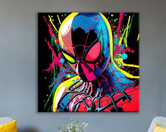 Bunte Spiderman Into the Verse Pop-Art-Leinwand, quadratische Graffiti-Leinwandkunst, Banksy-Kunst, Spiderman-Graffiti, Street-Graffiti-Wandkunst