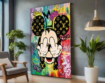 Doigt du milieu Mickey Mouse Pop Art peinture à l'huile ou impression sur toile, art mural toile Mickey Mouse, art encadré Mickey Mouse, cadeau Mickey