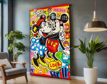 Micky und Minne Maus Liebe Pop Art Öl Gemälde Oder Leinwanddruck, Mittelfinger Micky Leinwand Wandkunst, Mickey Mouse Street Graffiti Kunst