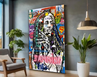 Peinture à l'huile ou impression sur toile Pop Art Jamming de Bob Marley, graffiti Banksy, toile d'art murale Bob Marley, art graffiti Bob Marley Street