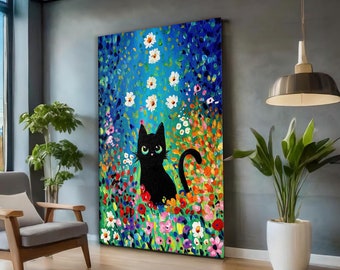 Impression sur toile de chat de jardin Gustav Klimt, affiche de chat fleurs Klimt, art de chat noir, impression florale, impression de chat drôle, cadeau drôle, affiche de décoration intérieure