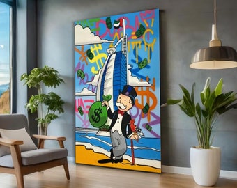 Monopoly in Dubai Pop Art Oil Painting Or Canvas Print, Monopoly Man Canvas Wall Art, Monopoly Framed Art, Graffiti Art Monopoly Man