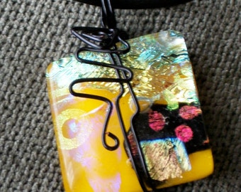 wire wrapped dichroic collage pendant fused yellow