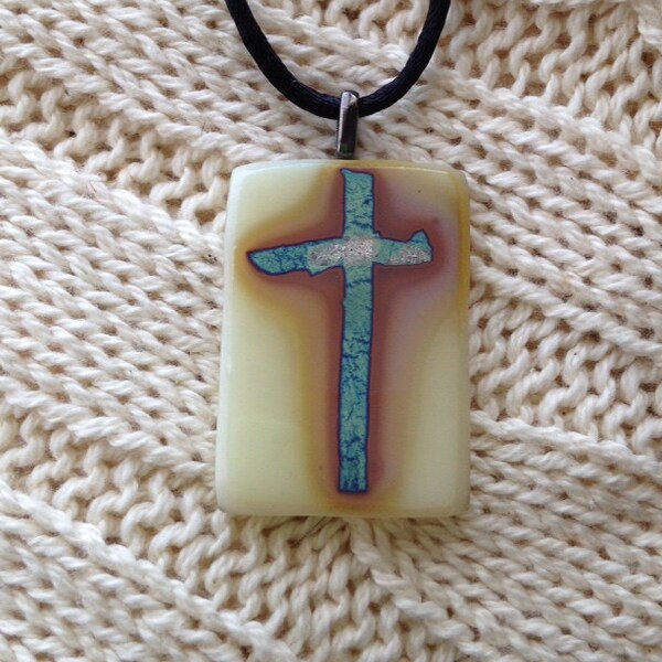 Old rugged cross fine silver fused glass cross pendant jewelry Easter christian