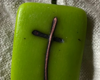 Copper cross fused glass pendant