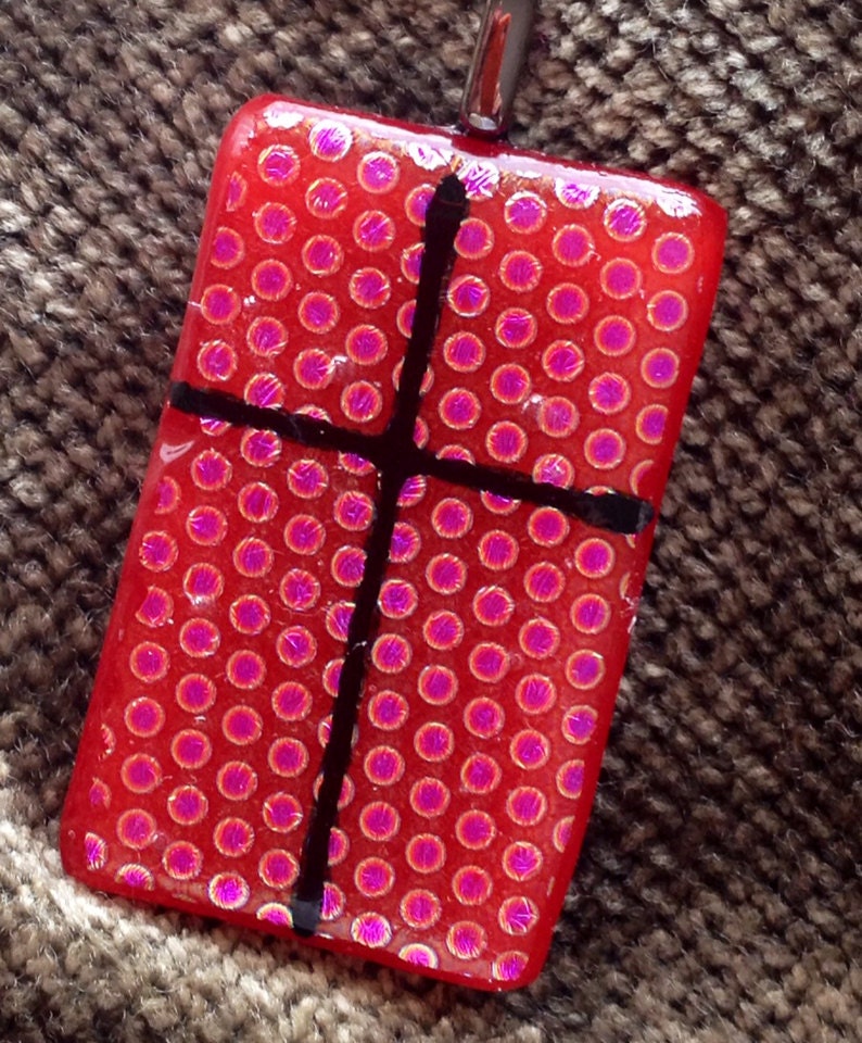 Dichroic glass fused pendant cross red polka dot