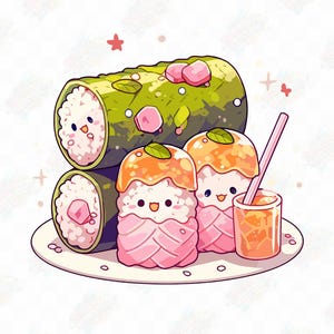 Pauzinhos de Sushi Roll Sorridentes Vibrantes, Clipart Kawaii, Pacote de Clipart PNG de Alta Qualidade, Artesanato em Papel Clipart para Impressão, Uso Comercial