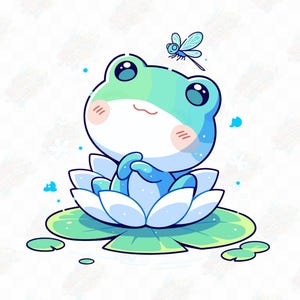 Caprichoso pastel suave aquarela alegre príncipe sapo em uma almofada de lírio, clipart fofo kawaii, pacote de clipart PNG de alta qualidade, uso comercial