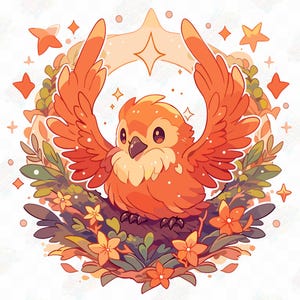 Phénix puissant entouré de lucioles lumineuses fantastique mystique, clipart autocollant Kawaii, haute qualité PNG Clipart Bundle, usage Commercial
