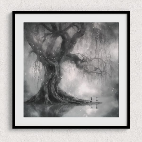 Magical Willow Tree, Printable Wall Art, Home Decor, Enchanting Forest, Healing Art, Gray Scale Image, Instant Download, Decoupage,Vintage