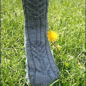May include: A close-up of a gray knitted sock with a cable pattern. The sock is worn by a person standing in a grassy field with a yellow dandelion flower.