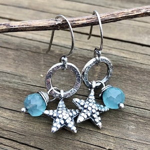 Thai Starfish and Aqua Chalcedony Gemstone Artisan Earrings
