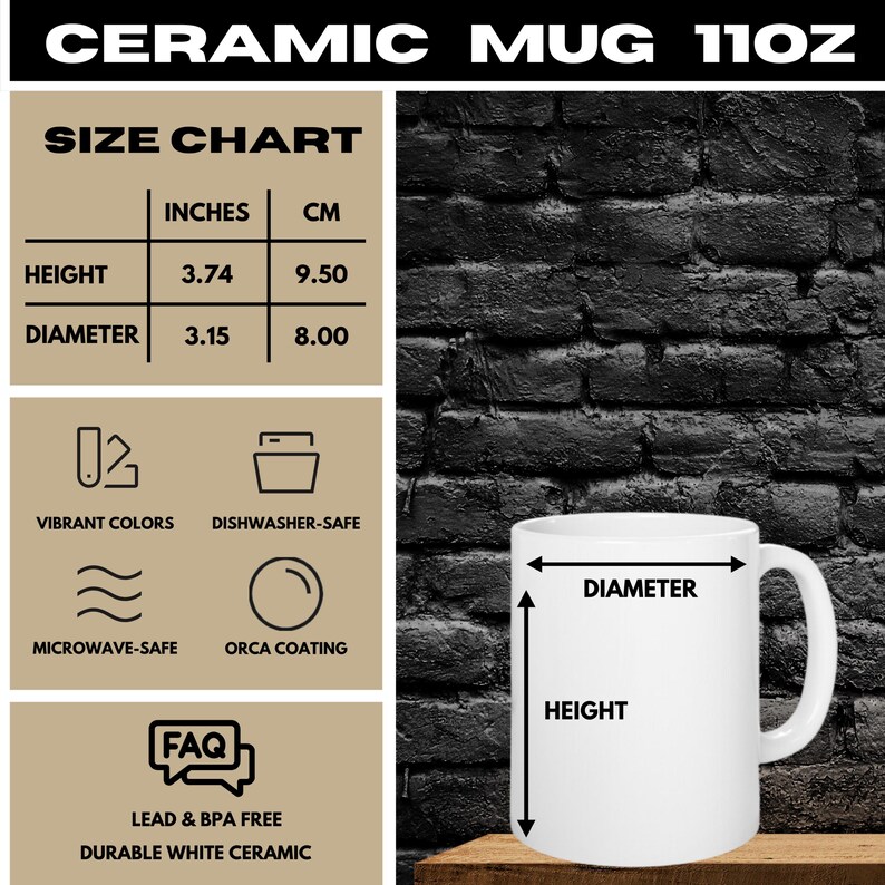 May include: A white ceramic mug with a handle, labeled "CERAMIC MUG 11OZ." The mug's height is 3.74 inches (9.50 cm), and the diameter is 3.15 inches (8.00 cm). Features include vibrant colors, dishwasher and microwave safe, and lead & BPA free.