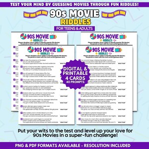 90er Jahre Movie Night Trivia druckbare Denkaufgabe, 50. Geburtstag Spiel für Frauen Männer, lustige 90er Jahre Filme Rätsel, Mind Challenge Kino Quiz Aktivität