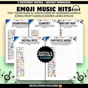 Paquete de juegos de Pictionary con música de emojis, tarjetas con canciones para fiestas de bodas y cumpleaños, cuestionario imprimible para niños, adolescentes y adultos.