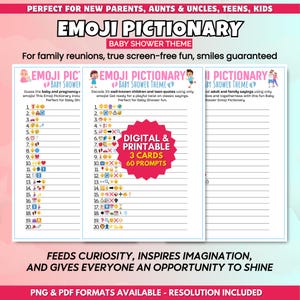Juego de Pictionary de Emojis para Baby Shower para Adultos, Tarjetas Imprimibles con Frases para Bebés, Fiesta de Revelación de Género con Adivina el Emoji, Actividades Divertidas para Padres Primerizos