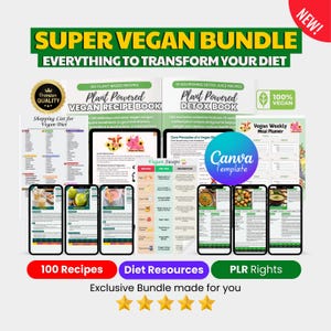 Libro di ricette di dieta vegana, cucina vegana a base vegetale, libro di cucina vegetariana sana, modello di ebook Canva, pianificatore MRR e PLR, prodotti digitali