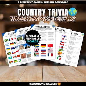 Jogos de curiosidades sobre geografia mundial, pacote de quiz de festival cultural de país, modelo editável do Canva para impressão, atividades para festas de escritório