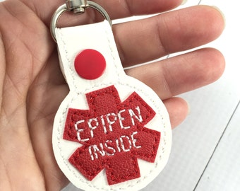 Medical alert bag tag - epipen inside alert clip on keyring - medical alert charm with epipen indication to increase awareness of allergy