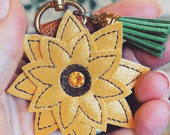 Sunflower Keyfob - faux leather - clip on backpack tag - clip on keyfob