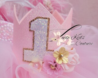 Pink and Gold Birthday Crown, Floral First Birthday Headband