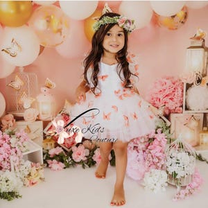 May include: A young girl wearing a white tulle dress with orange butterfly appliques. She is wearing a flower crown and standing in front of a pink and white backdrop with balloons and flowers.