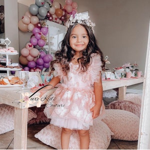 Pink Butterfly Romper, Butterfly baby outfit, blush pink butterfly baby dress, pink butterfly tulle dress, Butterfly first birthday dress