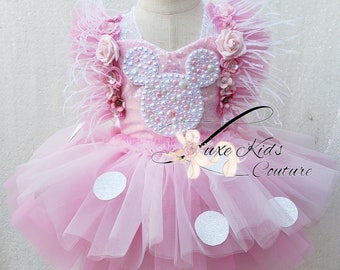 Pink Mouse Couture Romper, Pearl & Gem Embellished Tutu Dress