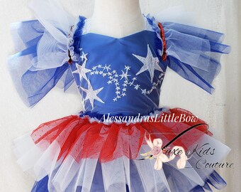 Patriotic Tulle Romper, Embroidered Star Dress, 4th of July Outfit