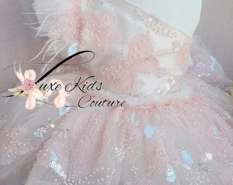 Butterfly Couture Romper, Blush Pink Tulle, One Shoulder, Handmade