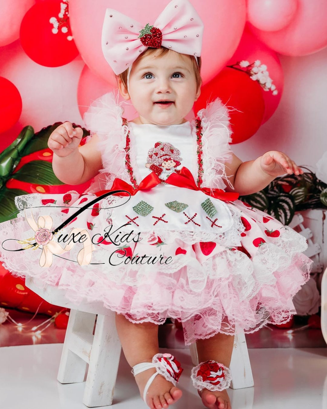 Strawberry Vintage Couture Dress, Berry First Birthday