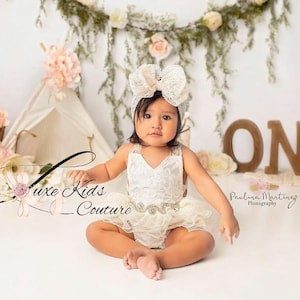 Ivory Lace boho Cake smash romper, lace boho baby girl smash cake outfit, rhinestone boho birthday romper, rustic baby girl romper