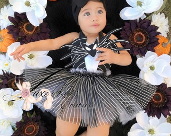 Originaldesigner* Jack tutu Romper, Min första Halloweenkostym, Handgjord skelettbabykostym