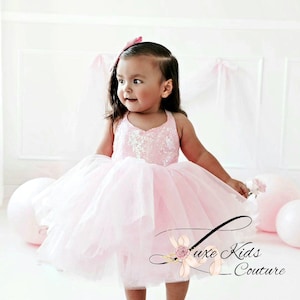 Pink Ballerina Couture Dress, pink birthday dress, pink tutu dress, Baby girl first birthday dress, pink and gold tutu dress