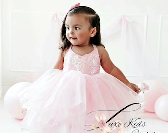 Pink Sequin Ballerina Dress, Handmade Tulle Birthday Outfit