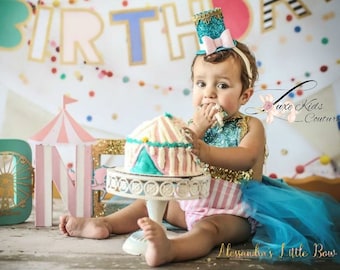 Turquoise and Pink Bow Circus Birthday Hat, Carnival Outfit
