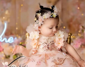 Gold Butterfly Tiara, Baby Birthday Crown, Floral Headpiece