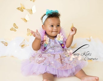 Romper mariposa de lavanda, traje de bebé mariposa, vestido de bebé mariposa de lentejuelas, vestido de mariposa arco iris, vestido de primer cumpleaños de mariposa