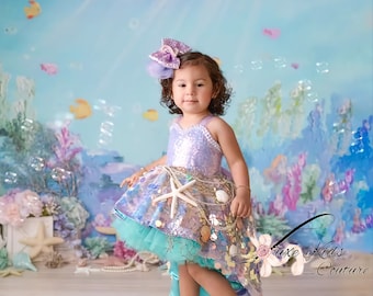 Mermaid Cove Couture Dress with aqua skirt, Mermaid birthday dress, the little mermaid dress