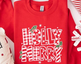 Holly Merry Sweater, Black and White Xmas, Modern Holiday Shirt, Christmas Gift Sweater, Trendy Festive Top