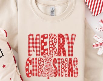 Merry Christmas Top, Red Plaid Sweater, Leopard Holiday Top, Cute Winter Crewneck, Gift for Her