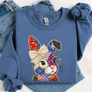 Fancy Faux Patchwork Bunny T-Shirt, Chinoiserie Rabbit Bow Tee, Cute Bunny Glasses Pink Shirt, Easter Bunny Gift, Boho Bunny Women's Tee
