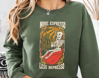 Camiseta con "Más espresso, menos depresso", divertida camiseta con gráfico de café