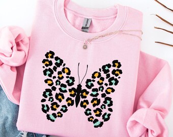 Leopard Print Butterfly Sweatshirt, Cheetah Graphic Crewneck, Nature Animal Top, Pink Pullover